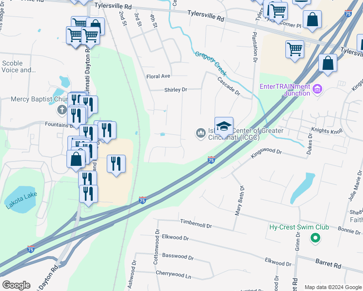 map of restaurants, bars, coffee shops, grocery stores, and more near 8177 Lawrence Drive in Butler County