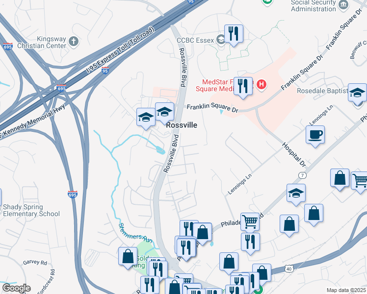 map of restaurants, bars, coffee shops, grocery stores, and more near 3 Cartwright Court in Rosedale