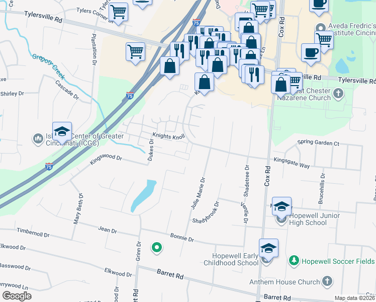 map of restaurants, bars, coffee shops, grocery stores, and more near 13 Queens Court in Butler County