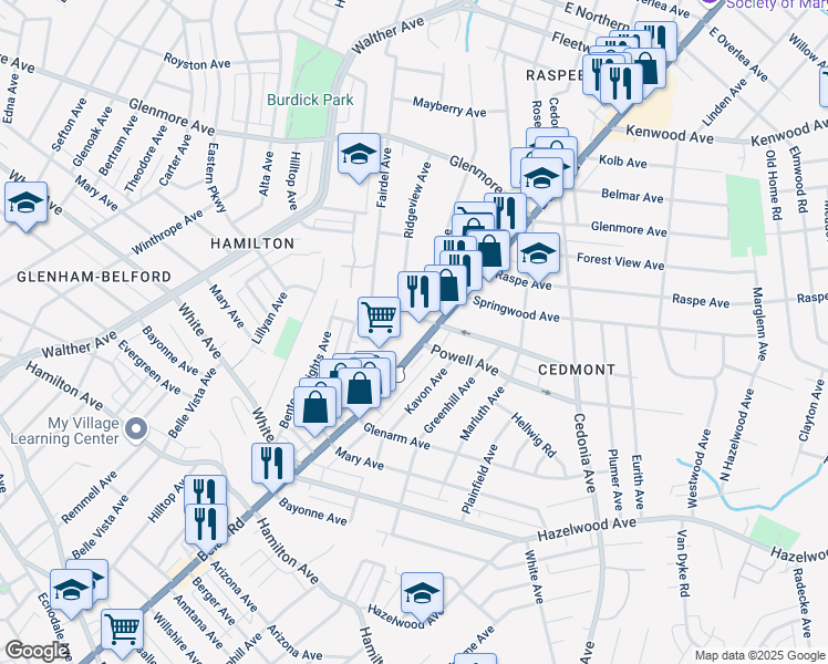 map of restaurants, bars, coffee shops, grocery stores, and more near 5980 Belair Road in Baltimore