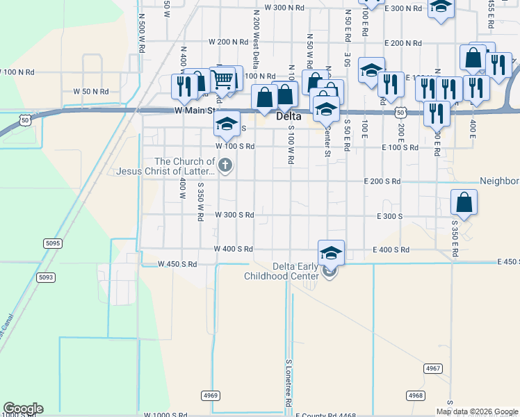 map of restaurants, bars, coffee shops, grocery stores, and more near 295 South 200 East in Delta