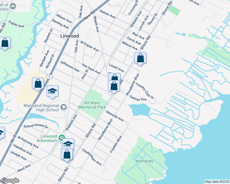 map of restaurants, bars, coffee shops, grocery stores, and more near 1047 Maple Avenue in Linwood