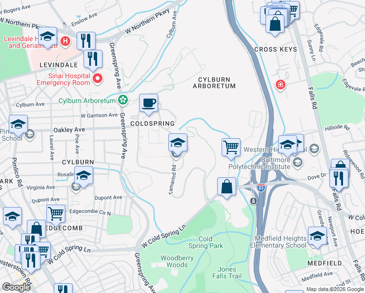 map of restaurants, bars, coffee shops, grocery stores, and more near 4803 Tamarind Road in Baltimore