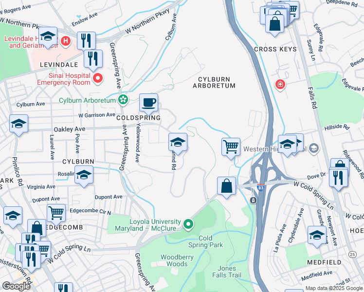map of restaurants, bars, coffee shops, grocery stores, and more near 4803 Tamarind Road in Baltimore