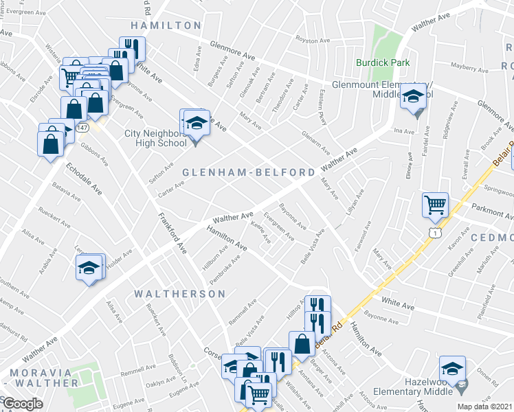 map of restaurants, bars, coffee shops, grocery stores, and more near 3626 Evergreen Ave in Baltimore