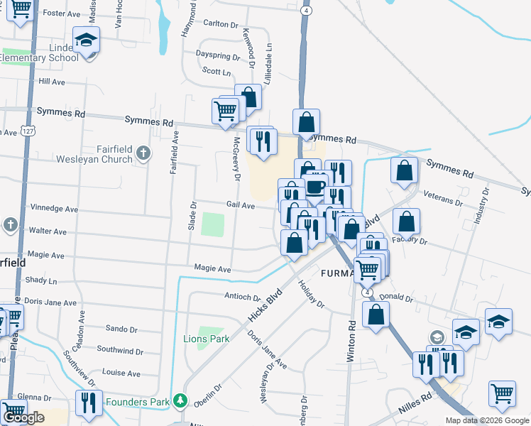 map of restaurants, bars, coffee shops, grocery stores, and more near 1049 Gail Avenue in Fairfield