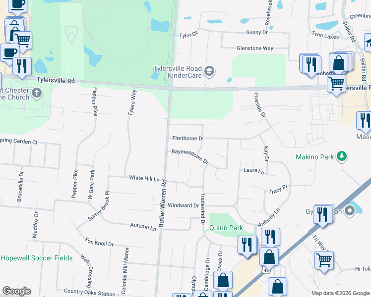 map of restaurants, bars, coffee shops, grocery stores, and more near 1476 Baymeadows Drive in Mason