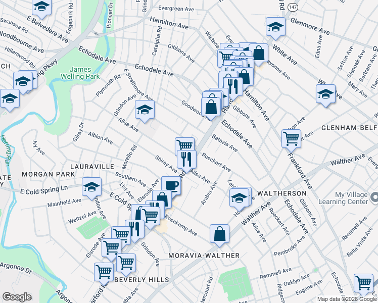 map of restaurants, bars, coffee shops, grocery stores, and more near 5006 Harford Road in Baltimore