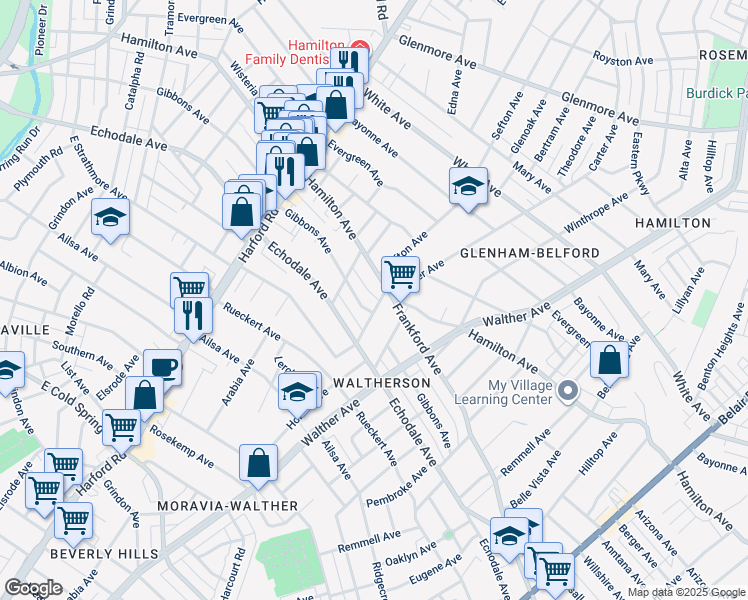 map of restaurants, bars, coffee shops, grocery stores, and more near 5404 Carter Avenue in Baltimore