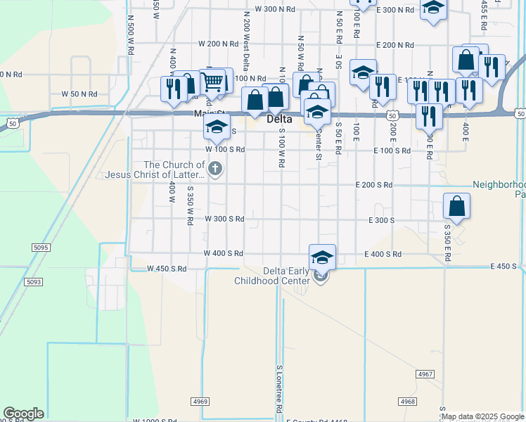 map of restaurants, bars, coffee shops, grocery stores, and more near 275 South 150 West in Delta