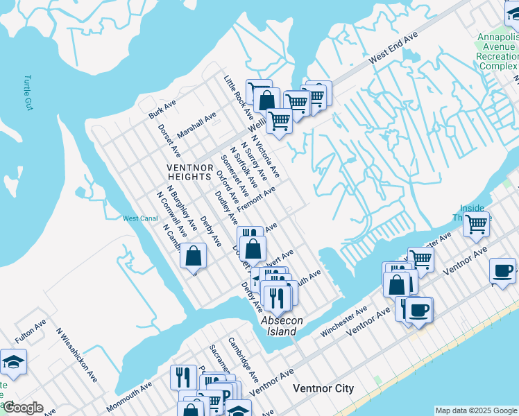 map of restaurants, bars, coffee shops, grocery stores, and more near 502 North Somerset Avenue in Ventnor City