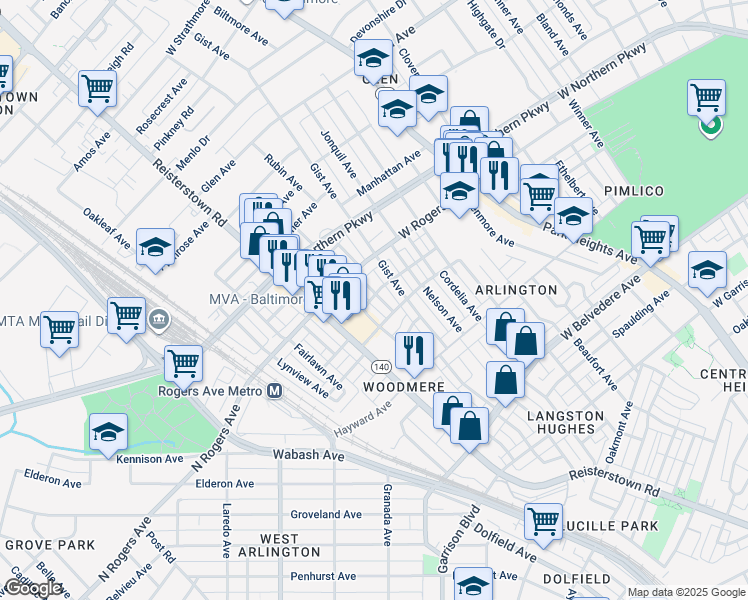 map of restaurants, bars, coffee shops, grocery stores, and more near 5424 Price Ave in Baltimore