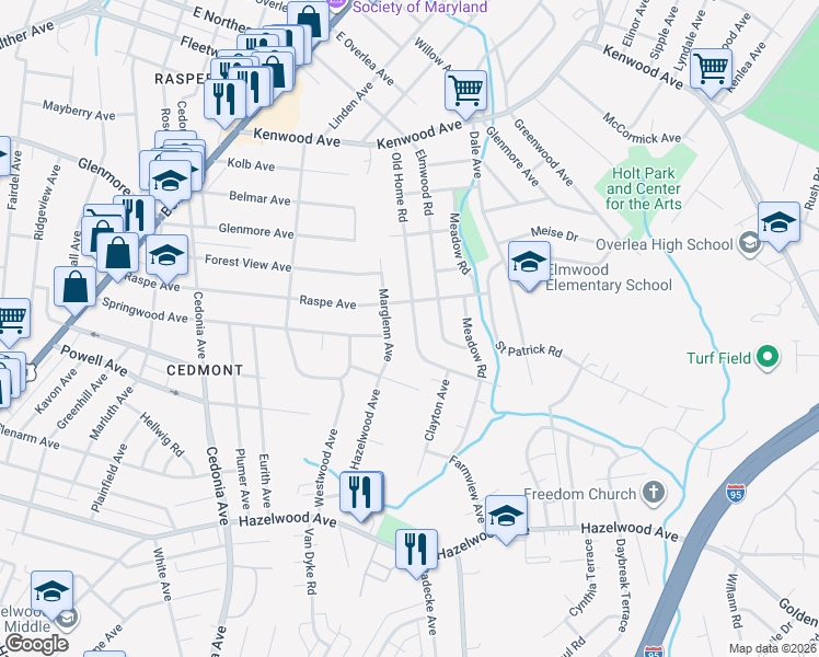map of restaurants, bars, coffee shops, grocery stores, and more near 444 Old Home Road in Baltimore