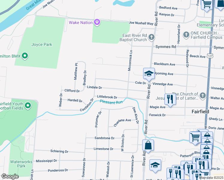 map of restaurants, bars, coffee shops, grocery stores, and more near 125 Lindale Drive in Fairfield