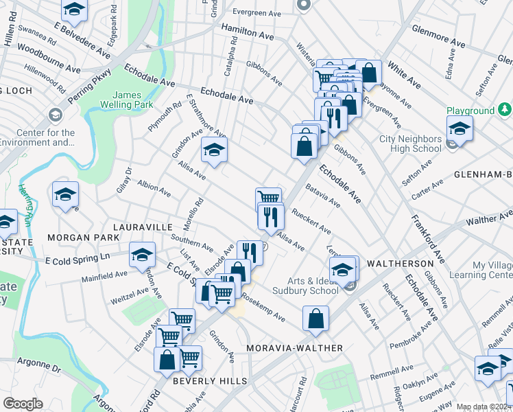 map of restaurants, bars, coffee shops, grocery stores, and more near 2900 Ailsa Avenue in Baltimore