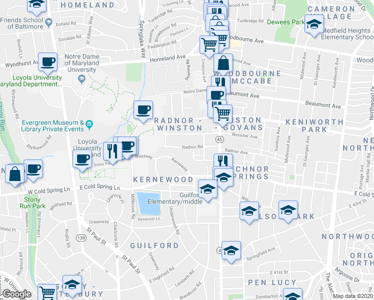 map of restaurants, bars, coffee shops, grocery stores, and more near 327 Radnor Road in Baltimore