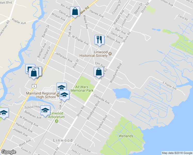 map of restaurants, bars, coffee shops, grocery stores, and more near 1047 Maple Avenue in Linwood