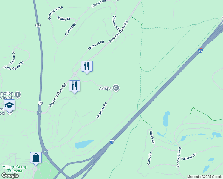 map of restaurants, bars, coffee shops, grocery stores, and more near 11486 Henness Road in Truckee