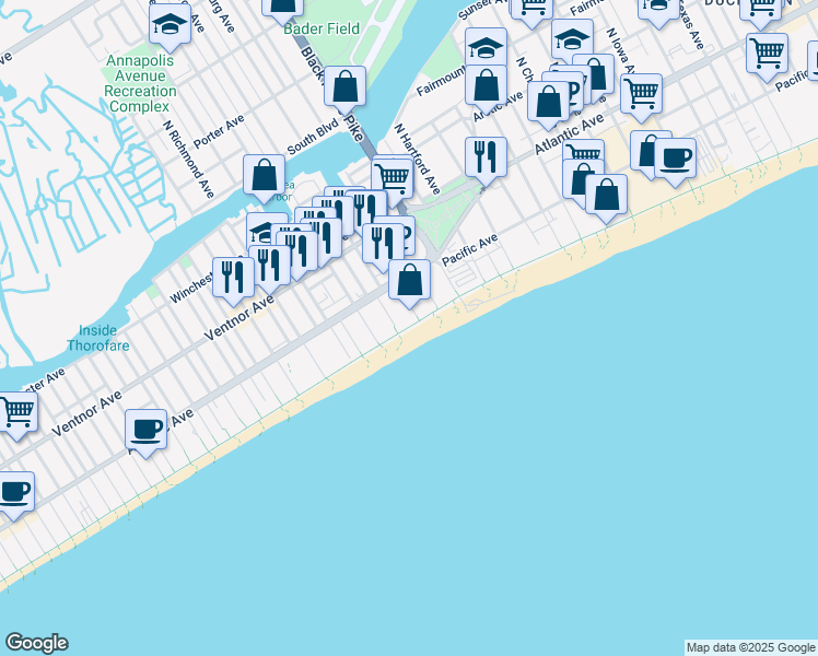 map of restaurants, bars, coffee shops, grocery stores, and more near 124 John A. Seedorf Lane in Atlantic City