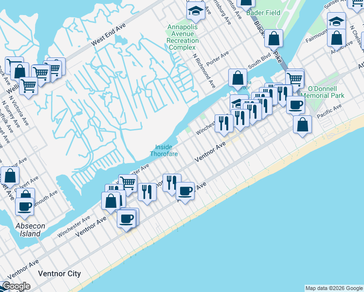 map of restaurants, bars, coffee shops, grocery stores, and more near 104 North Tallahassee Avenue in Atlantic City