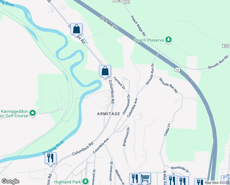 map of restaurants, bars, coffee shops, grocery stores, and more near 95 Columbus Road in Athens