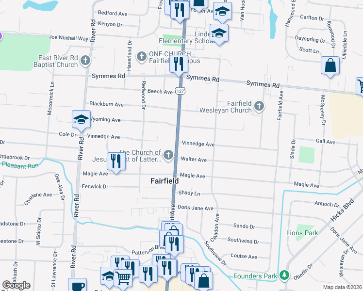 map of restaurants, bars, coffee shops, grocery stores, and more near 4761 U.S. 127 in Fairfield
