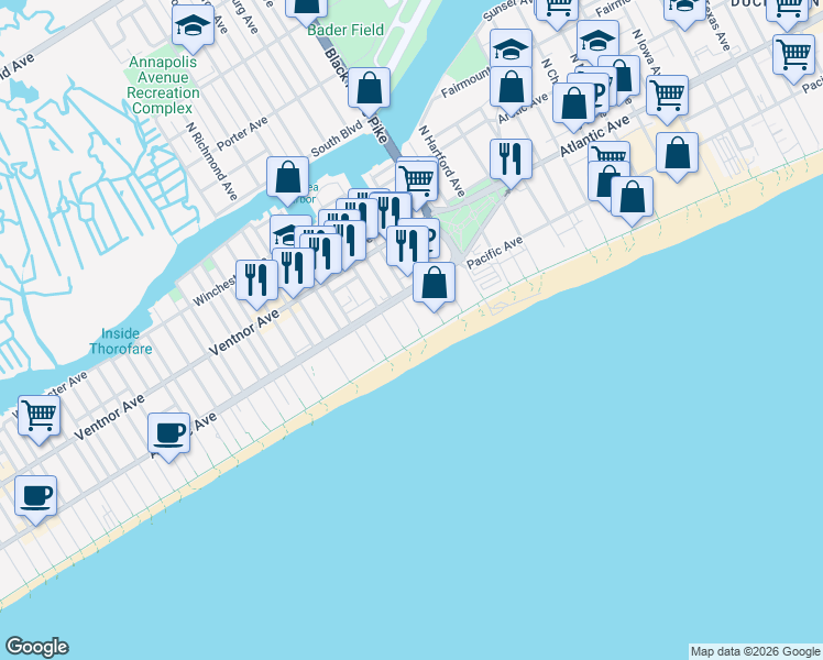 map of restaurants, bars, coffee shops, grocery stores, and more near 124 John A. Seedorf Lane in Atlantic City