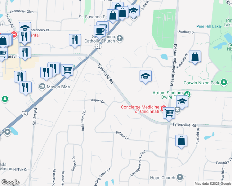 map of restaurants, bars, coffee shops, grocery stores, and more near 6320 Redwood Court in Mason