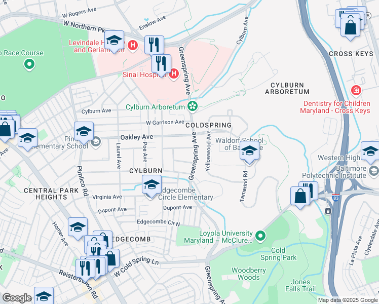 map of restaurants, bars, coffee shops, grocery stores, and more near 4818 Greenspring Avenue in Baltimore