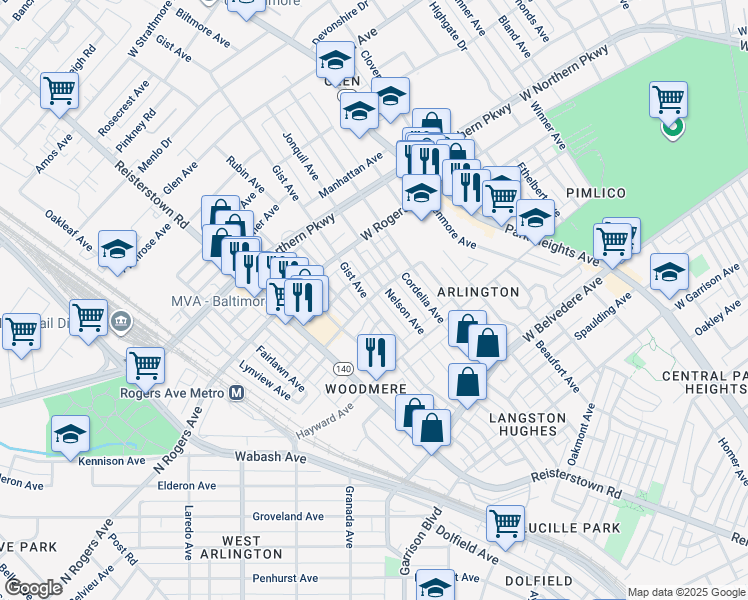 map of restaurants, bars, coffee shops, grocery stores, and more near 5359 Gist Avenue in Baltimore