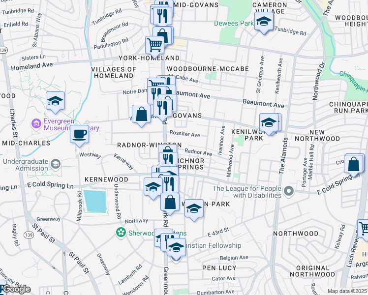 map of restaurants, bars, coffee shops, grocery stores, and more near 542 Radnor Avenue in Baltimore