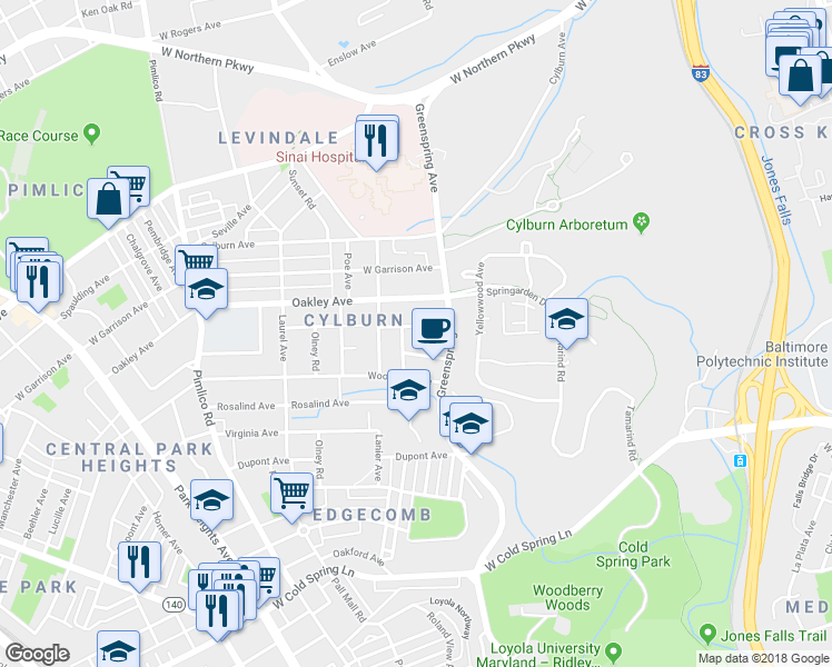 map of restaurants, bars, coffee shops, grocery stores, and more near 2511 Ruscombe Lane in Baltimore