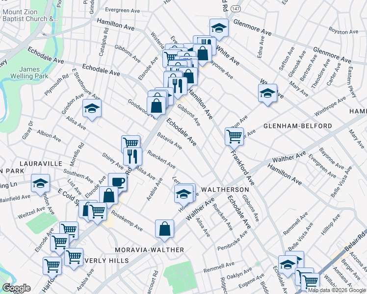 map of restaurants, bars, coffee shops, grocery stores, and more near 3202 Batavia Avenue in Baltimore