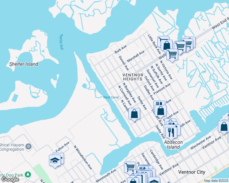 map of restaurants, bars, coffee shops, grocery stores, and more near 612 North Cambridge Avenue in Ventnor City
