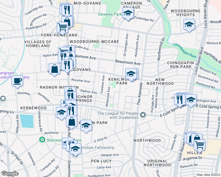 map of restaurants, bars, coffee shops, grocery stores, and more near 4913 Midwood Avenue in Baltimore