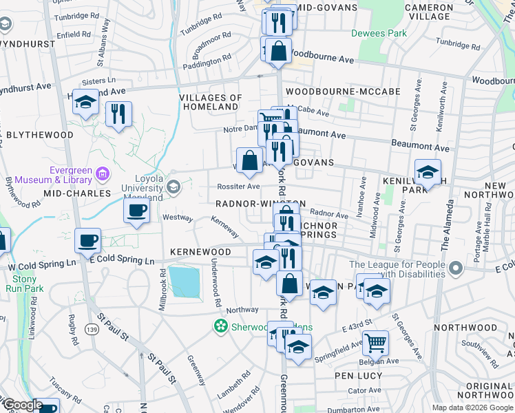 map of restaurants, bars, coffee shops, grocery stores, and more near 4810 Crowson Avenue in Baltimore