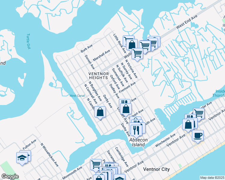 map of restaurants, bars, coffee shops, grocery stores, and more near 506 North Dudley Avenue in Ventnor City