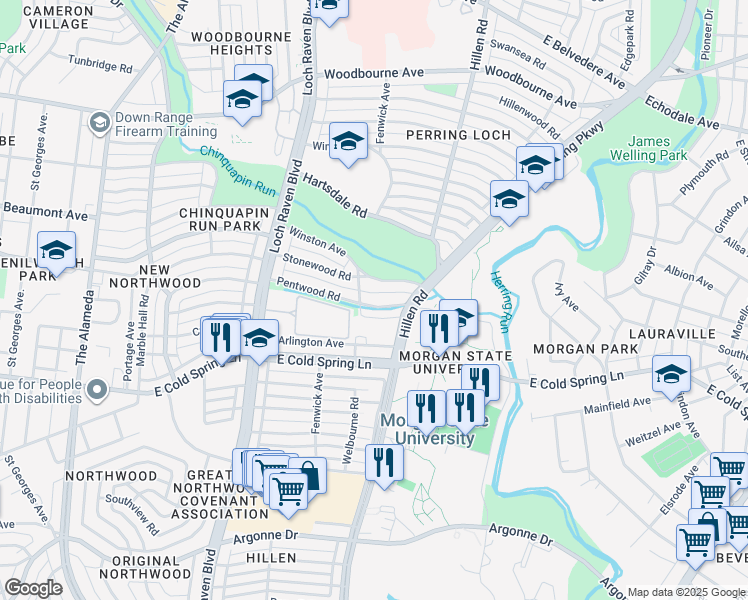 map of restaurants, bars, coffee shops, grocery stores, and more near 1612 Pentwood Road in Baltimore