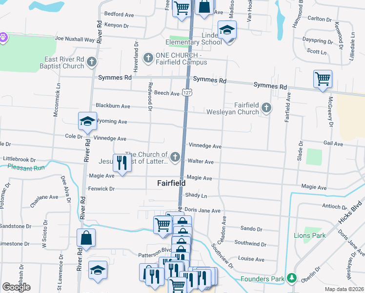map of restaurants, bars, coffee shops, grocery stores, and more near 4761 U.S. 127 in Fairfield