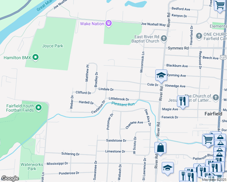 map of restaurants, bars, coffee shops, grocery stores, and more near 77 Lindale Drive in Fairfield