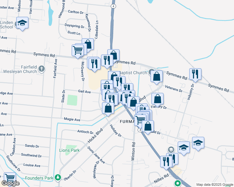 map of restaurants, bars, coffee shops, grocery stores, and more near 4783 Dixie Highway in Fairfield