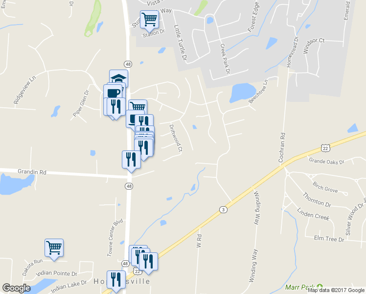 map of restaurants, bars, coffee shops, grocery stores, and more near 6024 Driftwood Court in Maineville