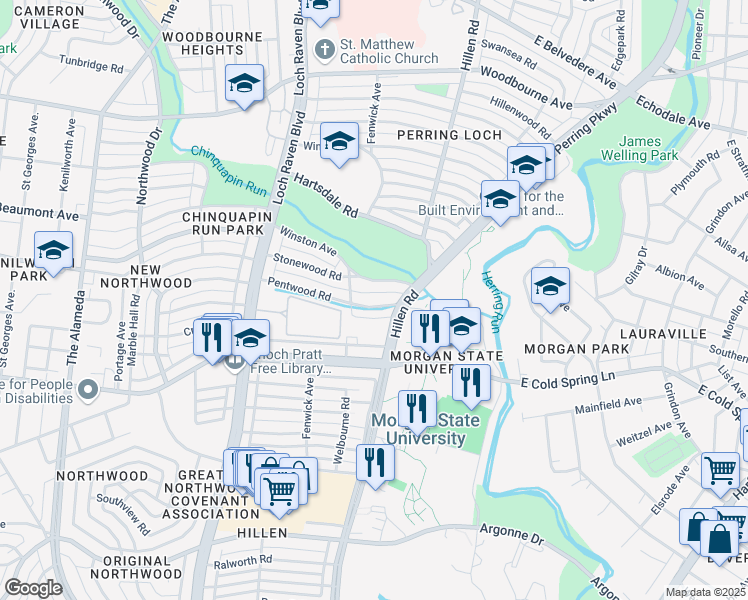 map of restaurants, bars, coffee shops, grocery stores, and more near 1622 Pentwood Road in Baltimore