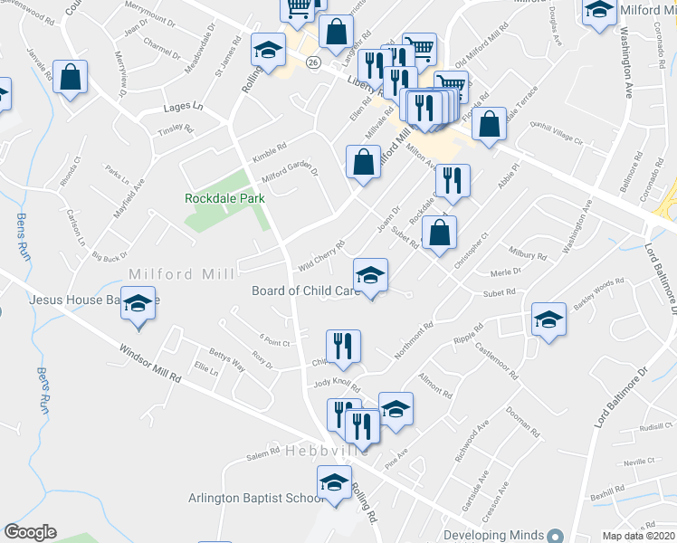 map of restaurants, bars, coffee shops, grocery stores, and more near 8026 Montwood Road in Milford Mill
