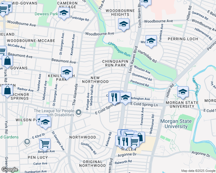 map of restaurants, bars, coffee shops, grocery stores, and more near 1320 Pentridge Road in Baltimore