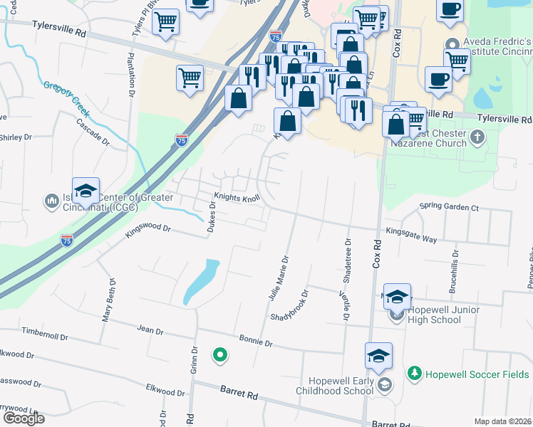 map of restaurants, bars, coffee shops, grocery stores, and more near 13 Queens Court in Butler County