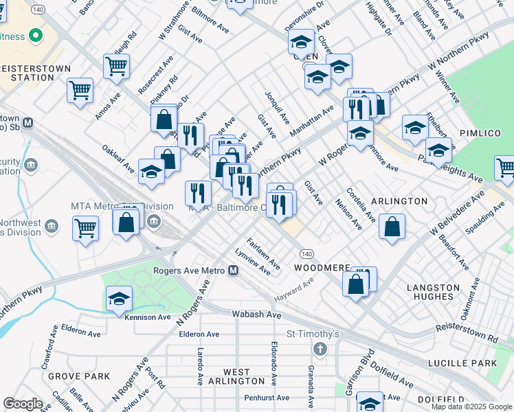 map of restaurants, bars, coffee shops, grocery stores, and more near 5505 1/2 Reisterstown Road in Baltimore