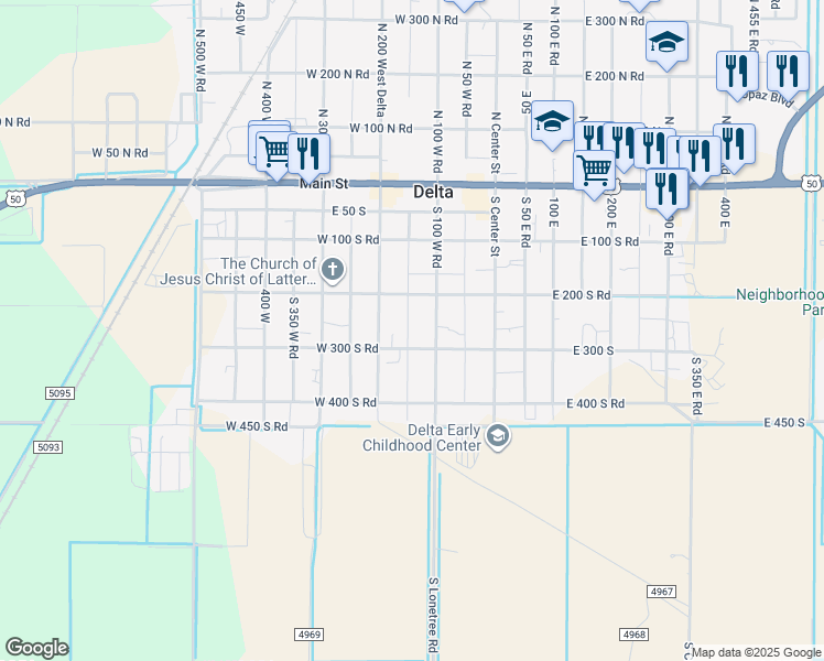 map of restaurants, bars, coffee shops, grocery stores, and more near 275 South 150 West in Delta