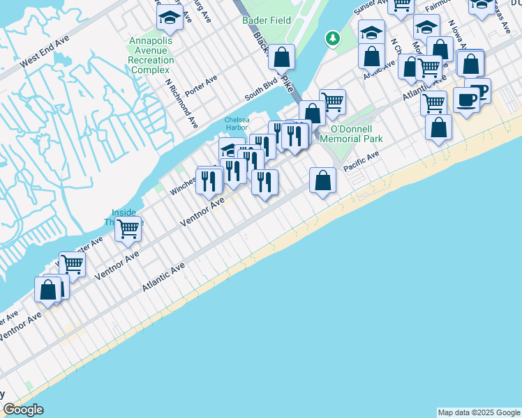 map of restaurants, bars, coffee shops, grocery stores, and more near 4103 Atlantic Avenue in Atlantic City