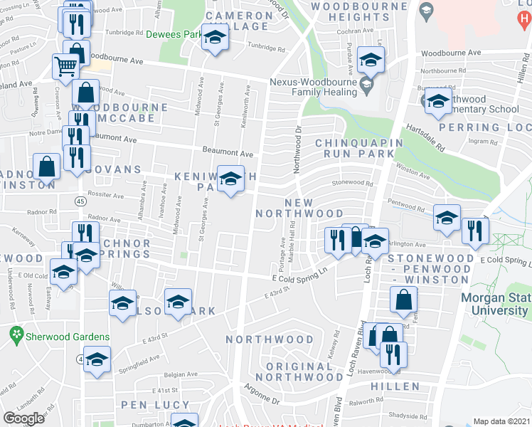 map of restaurants, bars, coffee shops, grocery stores, and more near 5601 Loch Raven Boulevard in Baltimore